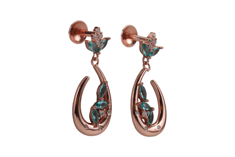 Rose Gold Hanging Stud With Green Stone
