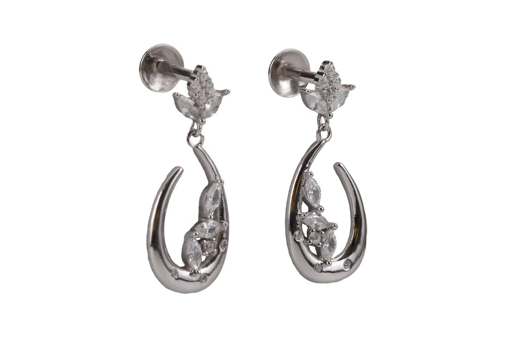 Rhodium Hanging Stud With White Stone