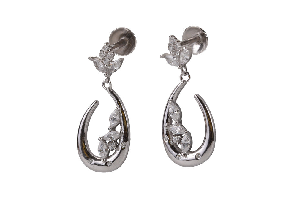 Rhodium Hanging Stud With White Stone