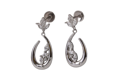 Rhodium Hanging Stud With White Stone