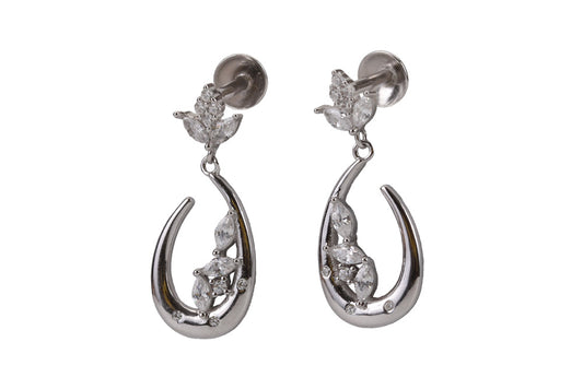 Rhodium Hanging Stud With White Stone