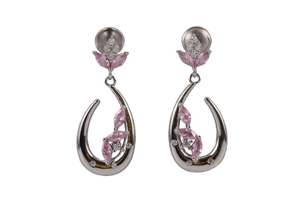 Rhodium Hanging Stud With Pink Stone
