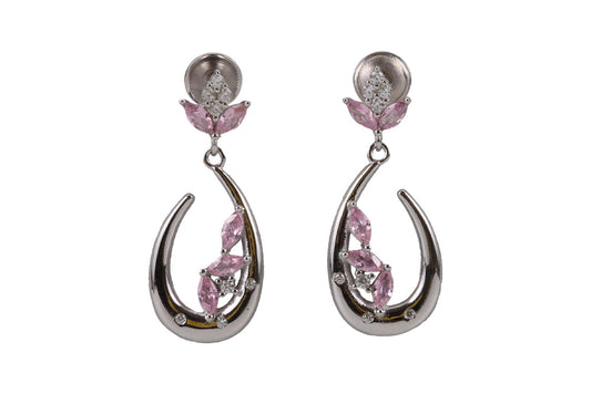 Rhodium Hanging Stud With Pink Stone