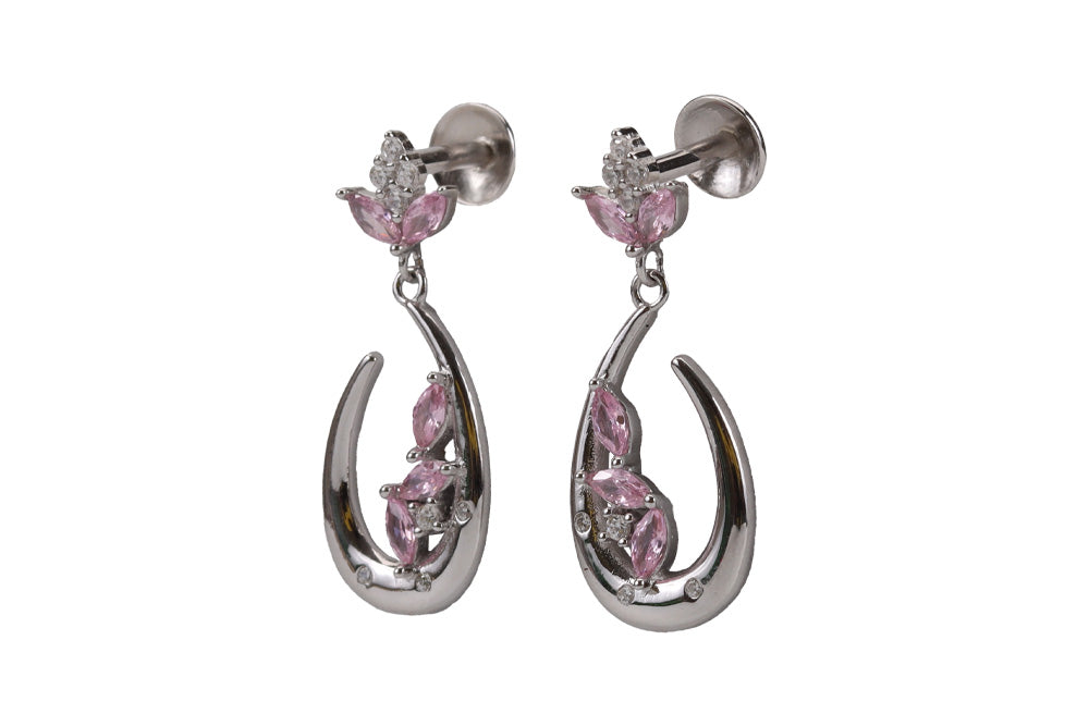 Rhodium Hanging Stud With Pink Stone