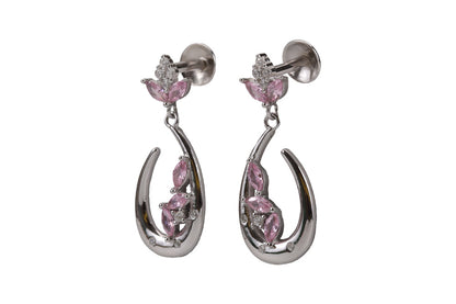 Rhodium Hanging Stud With Pink Stone