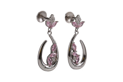Rhodium Hanging Stud With Pink Stone