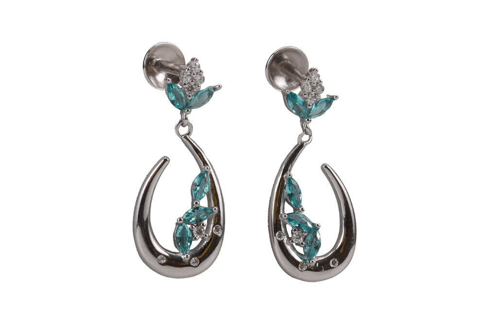 Rhodium Hanging Stud With Green Stone