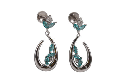 Rhodium Hanging Stud With Green Stone