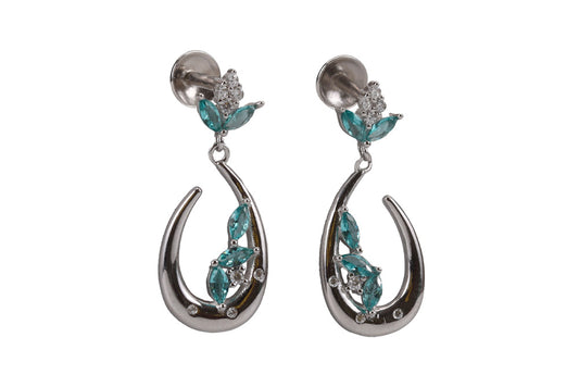 Rhodium Hanging Stud With Green Stone