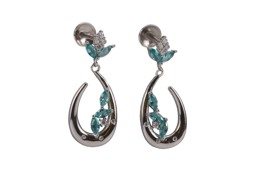 Rhodium Hanging Stud With Green Stone
