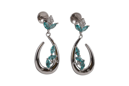 Rhodium Hanging Stud With Green Stone