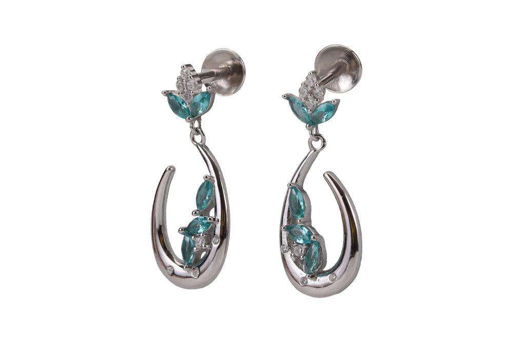 Rhodium Hanging Stud With Green Stone