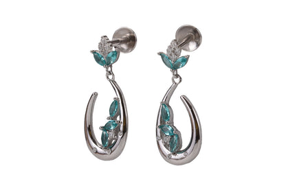 Rhodium Hanging Stud With Green Stone