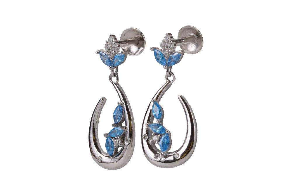Rhodium Hanging Stud With Blue Stone