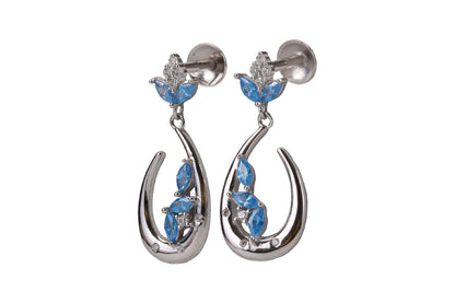 Rhodium Hanging Stud With Blue Stone
