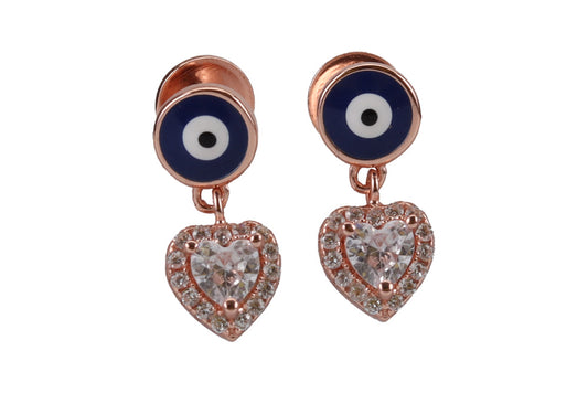 Rose Gold Evil Eye Stud With Hanging Hearts In White