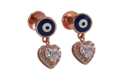 Rose Gold Evil Eye Stud With Hanging Hearts In White