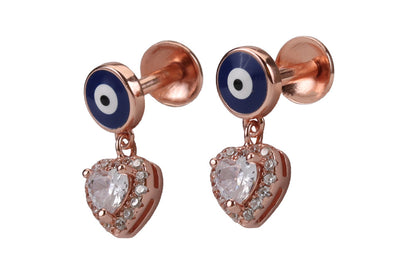 Rose Gold Evil Eye Stud With Hanging Hearts In White
