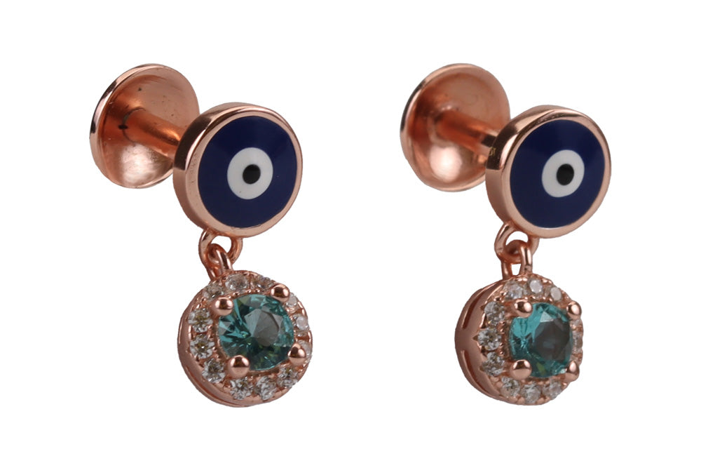 Rose Gold Evil Eye Stud With Aqua Blue