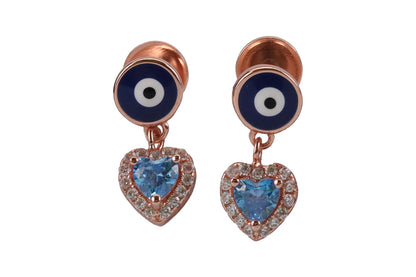 Rose Gold Evil Eye Stud With Hanging Hearts In Blue Moon