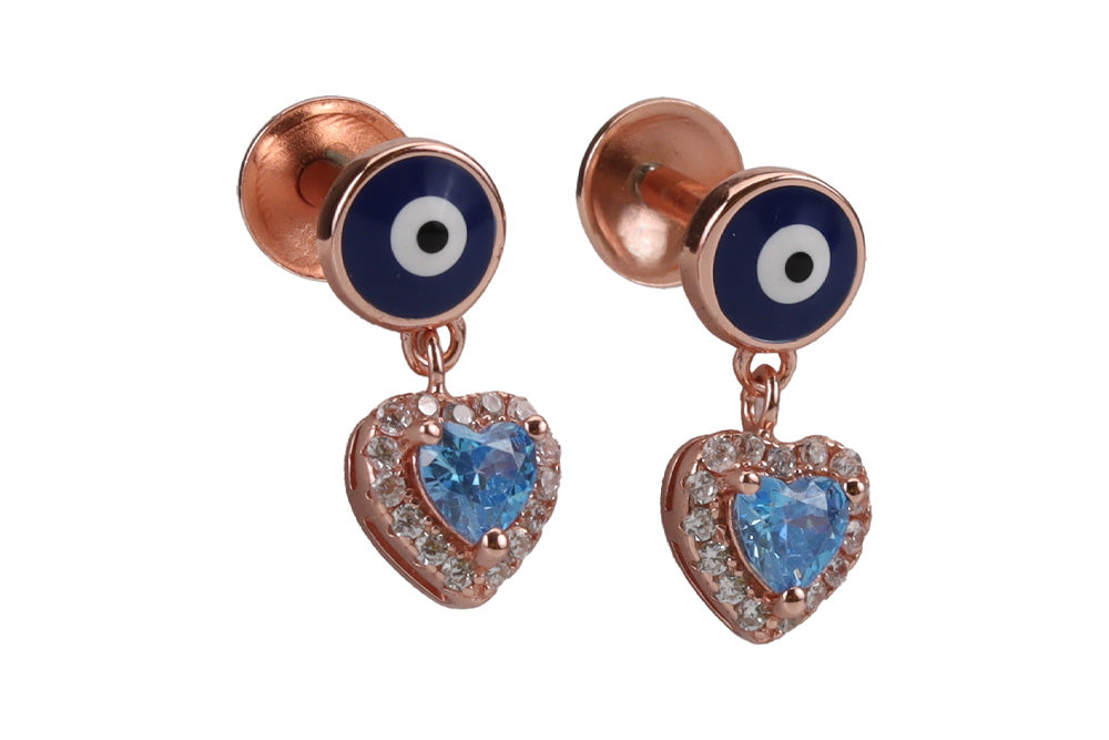 Rose Gold Evil Eye Stud With Hanging Hearts In Blue Moon