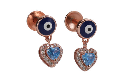 Rose Gold Evil Eye Stud With Hanging Hearts In Blue Moon
