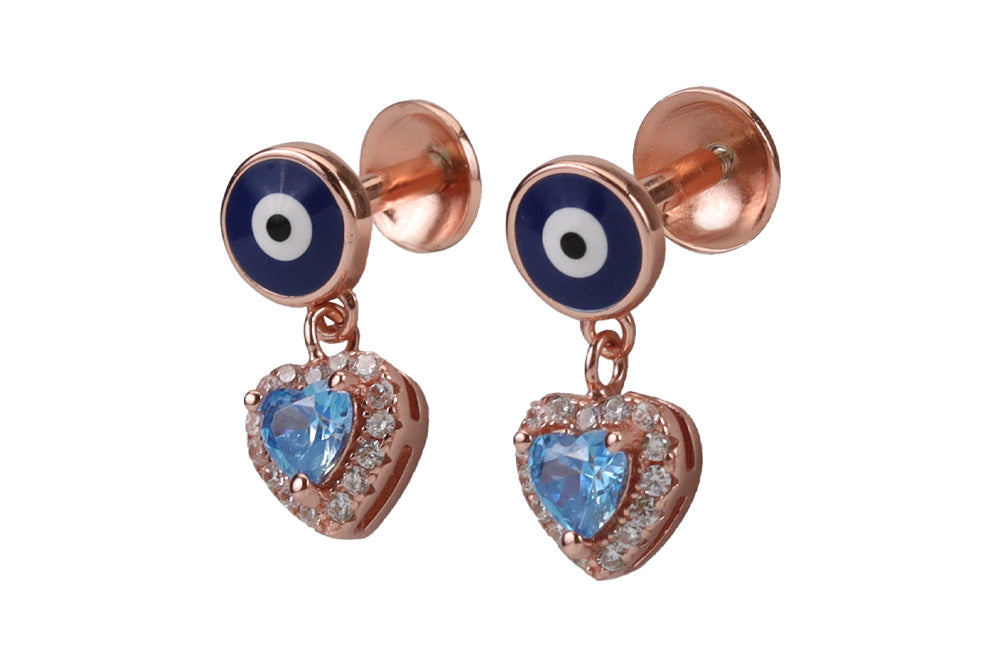 Rose Gold Evil Eye Stud With Hanging Hearts In Blue Moon