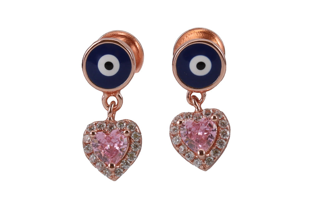 Rose Gold Evil Eye Stud With Hanging Hearts In Blush Vine