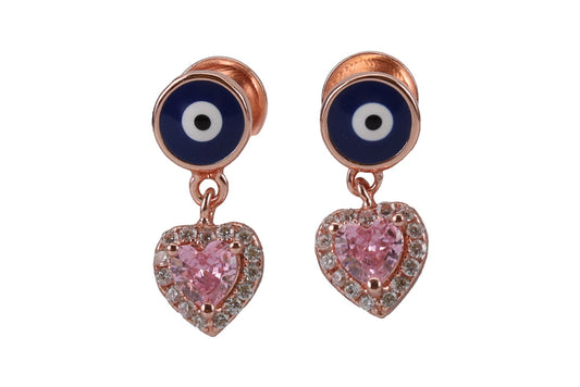 Rose Gold Evil Eye Stud With Hanging Hearts In Blush Vine