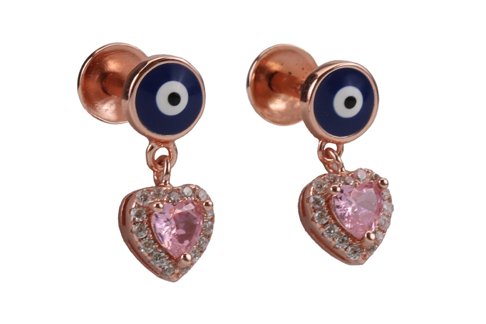 Rose Gold Evil Eye Stud With Hanging Hearts In Blush Vine