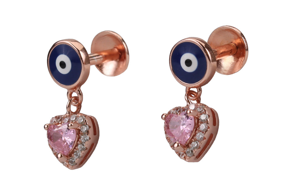 Rose Gold Evil Eye Stud With Hanging Hearts In Blush Vine