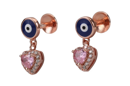 Rose Gold Evil Eye Stud With Hanging Hearts In Blush Vine