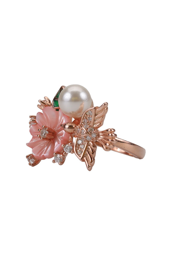 Rose Gold Celestial Bird Fly With Pink Mop Ring