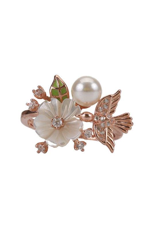 Rose Gold Celestial Bird Fly With Tint White Mop Ring