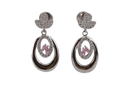 Rhodium Misty Pink Stone Hanging Stud