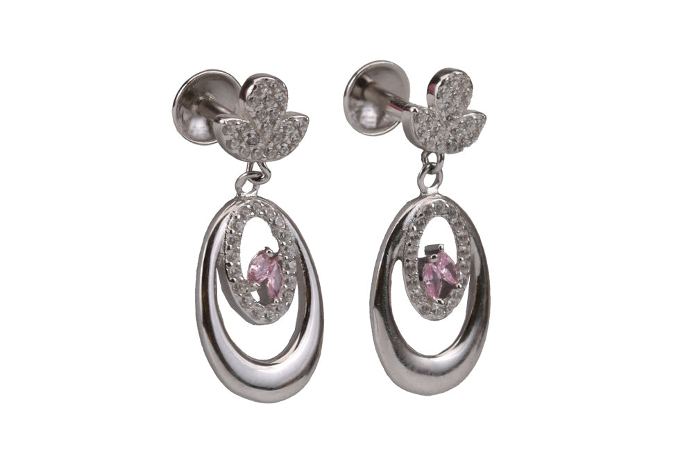 Rhodium Misty Pink Stone Hanging Stud