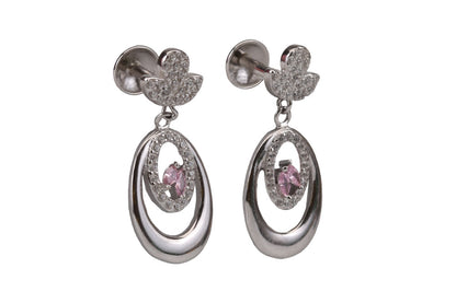 Rhodium Misty Pink Stone Hanging Stud