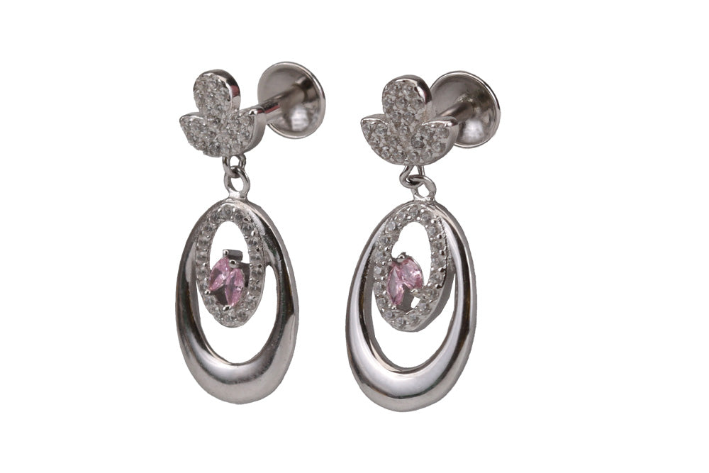 Rhodium Misty Pink Stone Hanging Stud