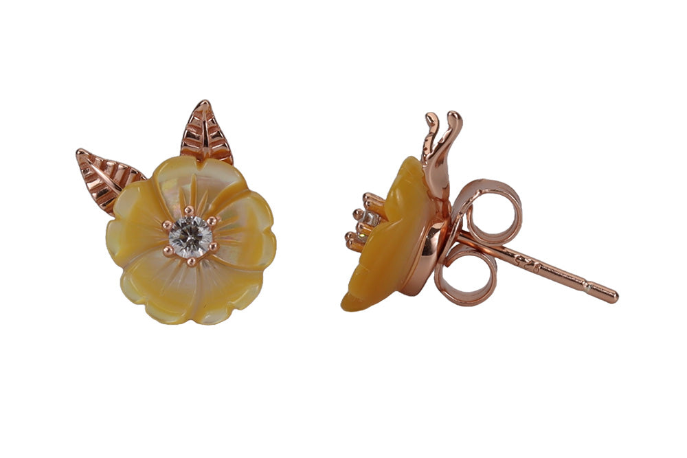 Rose Gold Yellow Flower MOP Stud