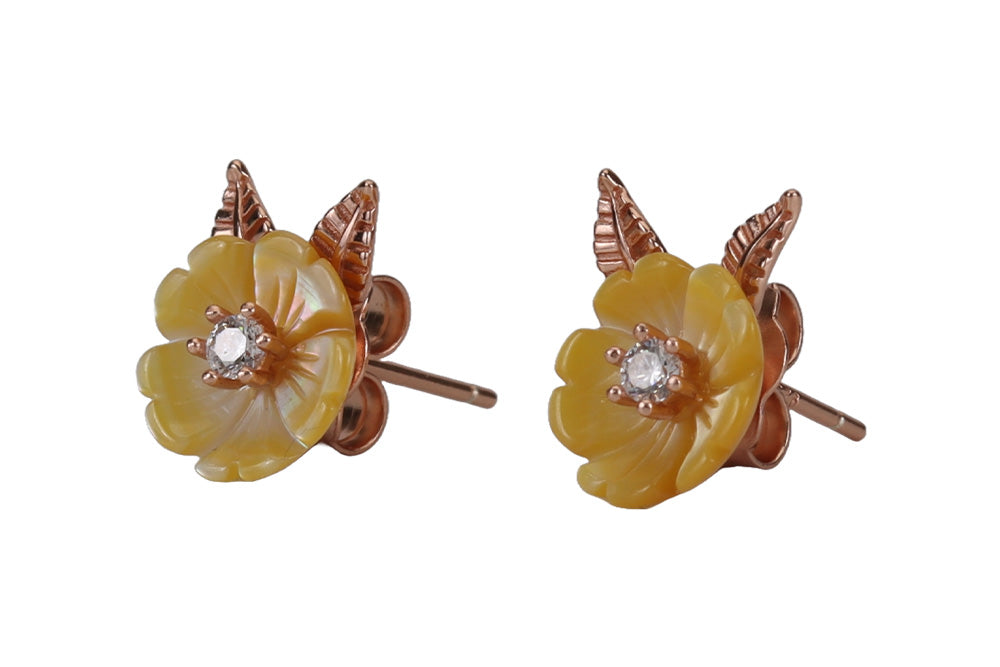 Rose Gold Yellow Flower MOP Stud