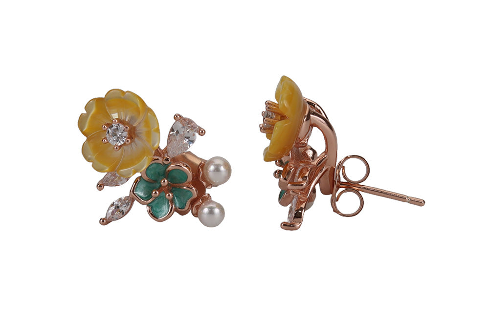 Rose Gold MOP Baby Blue Floral With Sunset Stud