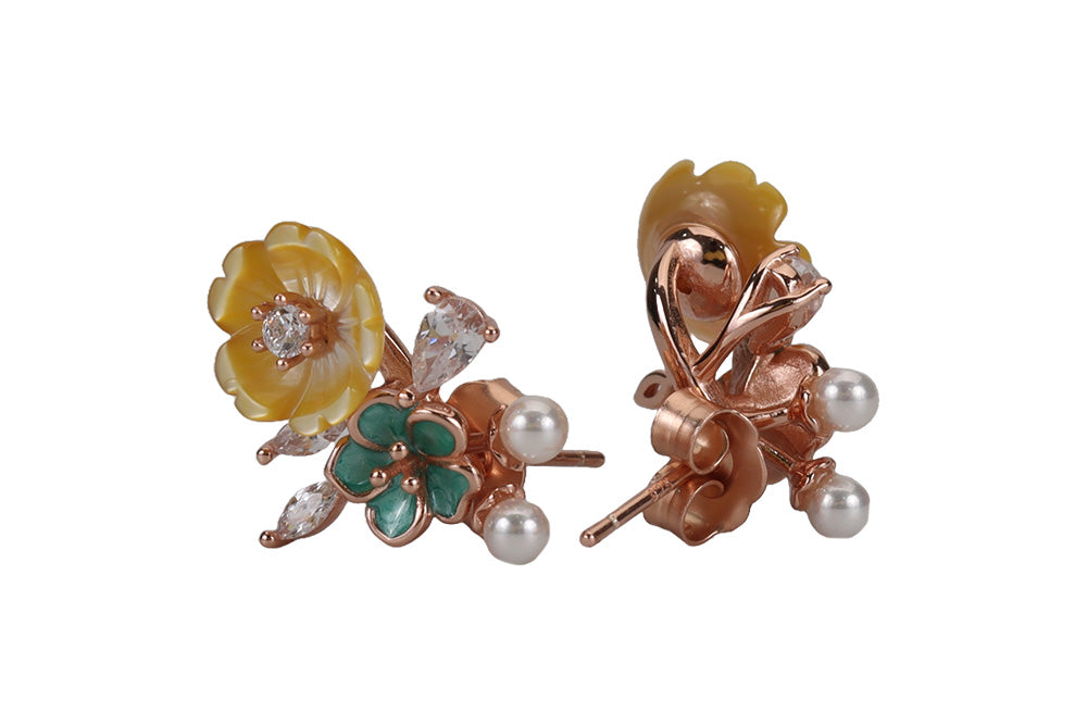 Rose Gold MOP Baby Blue Floral With Sunset Stud