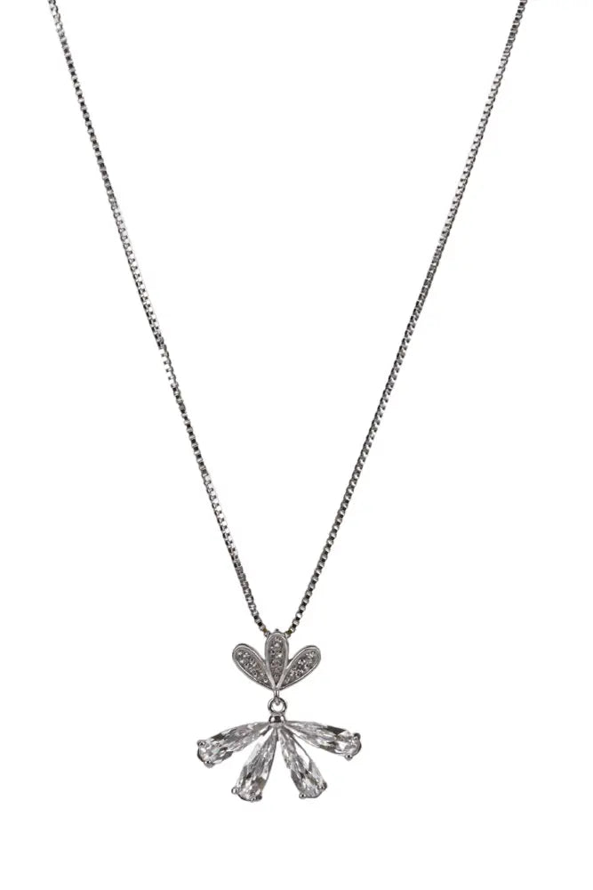 Rhodium Sparkling Silver Chain With Floral Trinity Pendant