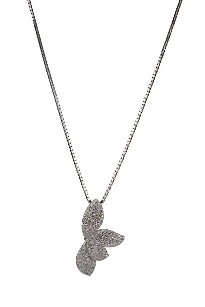 Rhodium CZ Tendril Leaf Pendant Chain