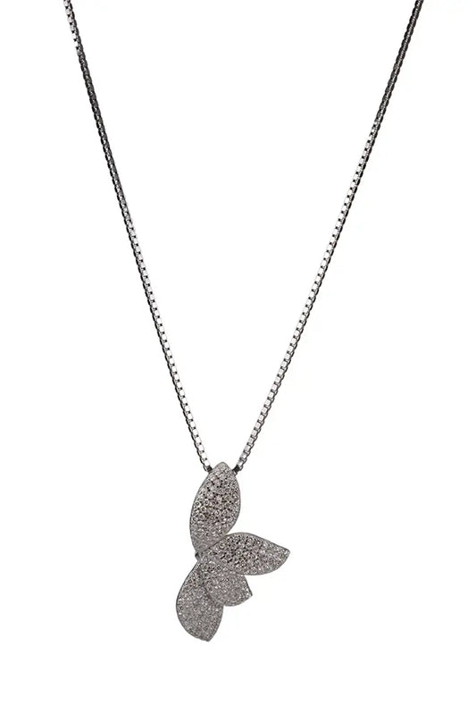 Rhodium CZ Tendril Leaf Pendant Chain