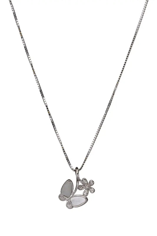 Rhodium Plated MOP Winglet Butterfly Pendant Chain