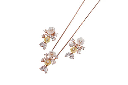 Rose Gold Plated White And Yellow MOP Ethereal Floral Pendant Stud