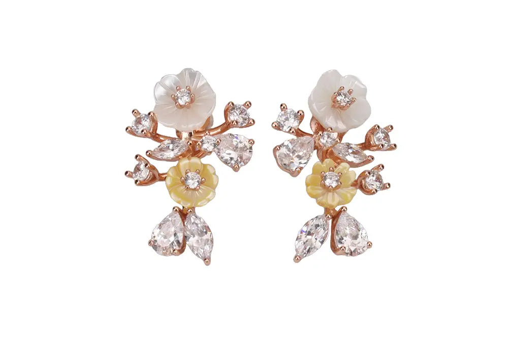 Rose Gold Plated White And Yellow MOP Ethereal Floral Pendant Stud