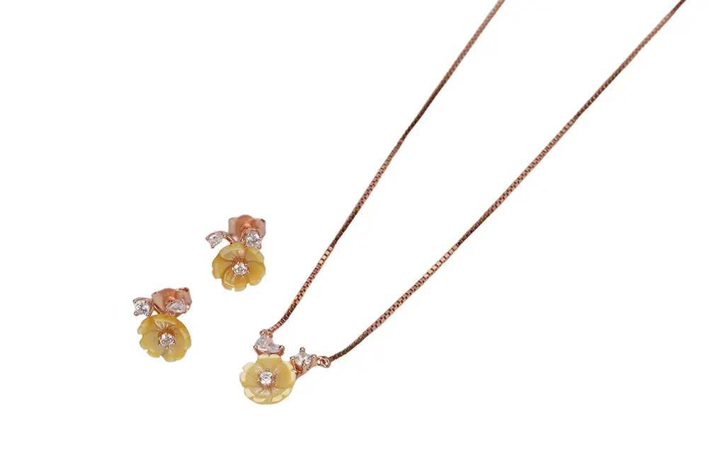 Rose Gold Dusky Yellow Petal Grace Pendant With Tressure Trove Stud